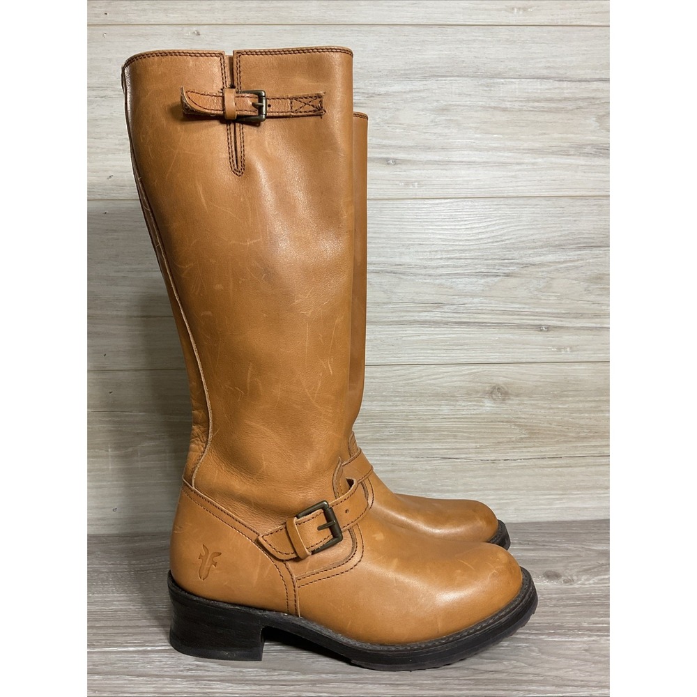 FRYE VERONICA Slouch Tall Whiskey Tan Moto Riding Leather Boots Womens 8